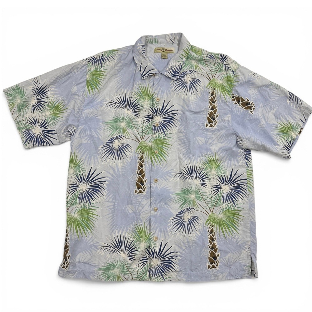 Tommy Bahama Men Large Blue 100% Silk Palm Tree Tropical Short Sleeve Camp Shirt
